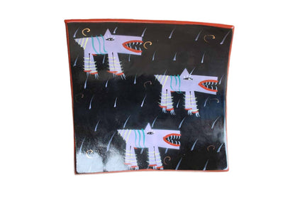 Fun Handmade Concave Footed Bowl Painted with Sharp-Teethed Monsters