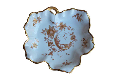 Limoges (France) Porcelain Leaf-Shaped Dish with Gilded Rim and Gold and Red Flowers