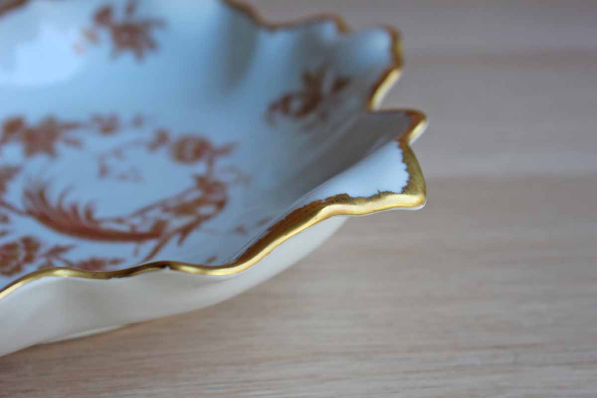 Limoges (France) Porcelain Leaf-Shaped Dish with Gilded Rim and Gold and Red Flowers