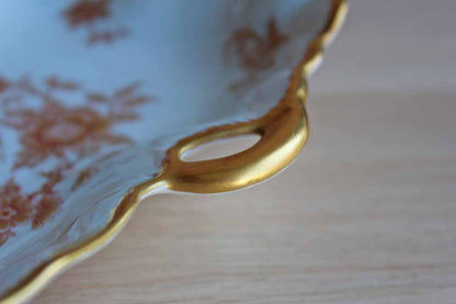 Limoges (France) Porcelain Leaf-Shaped Dish with Gilded Rim and Gold and Red Flowers
