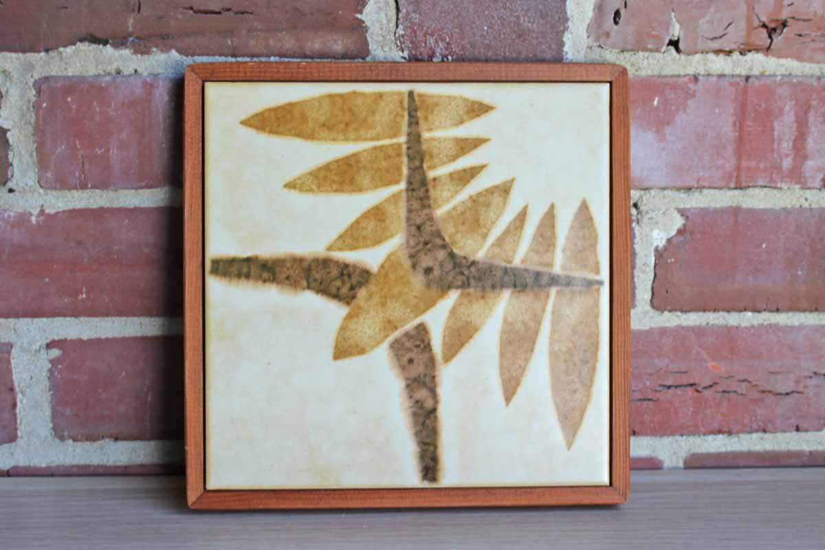 Ceramic Tile with Naturalistic Abstract Design Set in Wood Frame