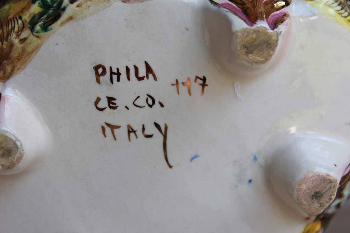 Italian Capodimonte Covered Dish with Raised Cherubs. Dogs, and Lion Finial