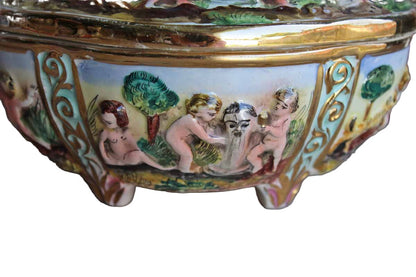 Italian Capodimonte Covered Dish with Raised Cherubs. Dogs, and Lion Finial