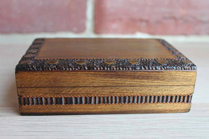 Wood Lidded Box with Inlaid Brass Designs Made in Poland