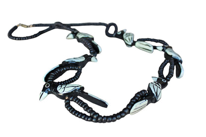Hand Painted Carved Wood Black and White Bird Necklace with Wood Beads and Barrel Clasp
