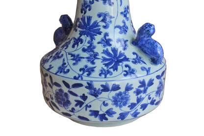 Tall Blue and White Vase with Long Neck, Rolled Lip and Decorative Lug Handles