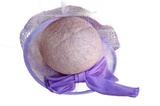 Straw Hat with Purple Veil and Purple Chiffon Bow, Made by Georgi