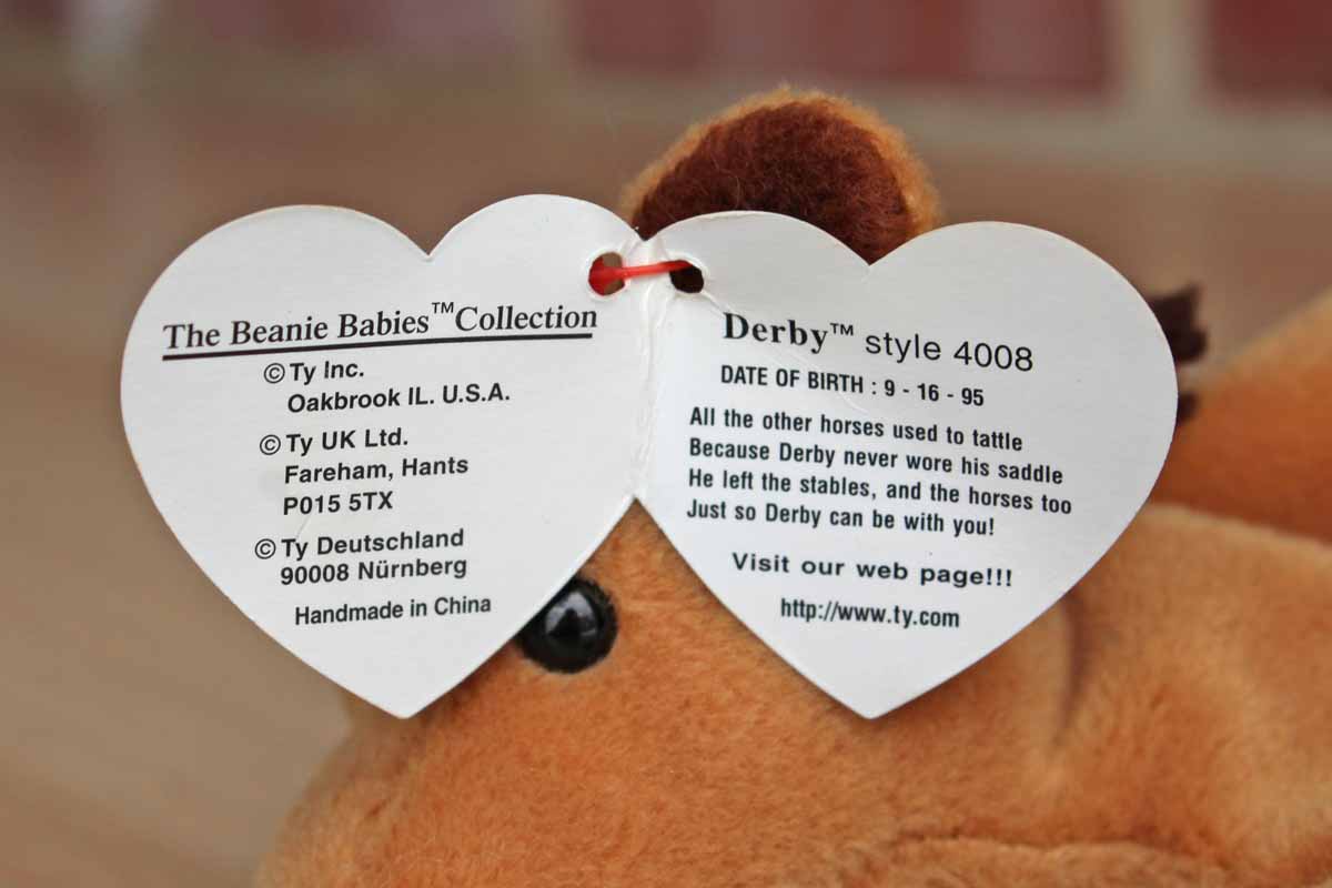 Ty Inc. (Illinois, USA) 1995 Derby the Brown Horse with No Forehead Mark Beanie Baby