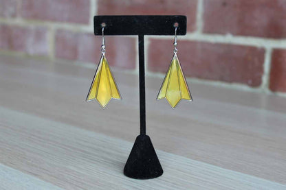 Deco Styled Pierced Drop Earrings with Iridescent Yellow Inlay