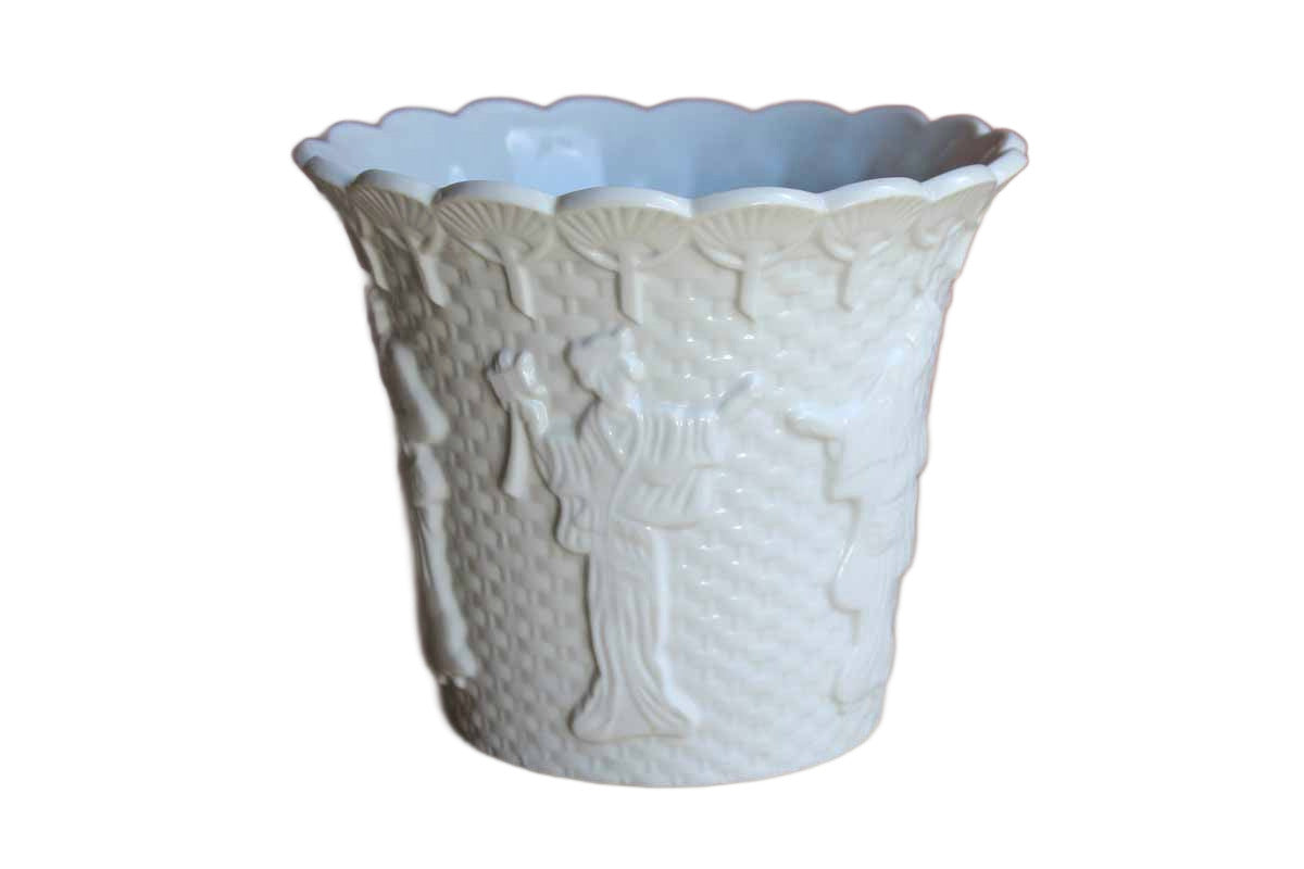 White Glazed Cachepot with Chinese Characters