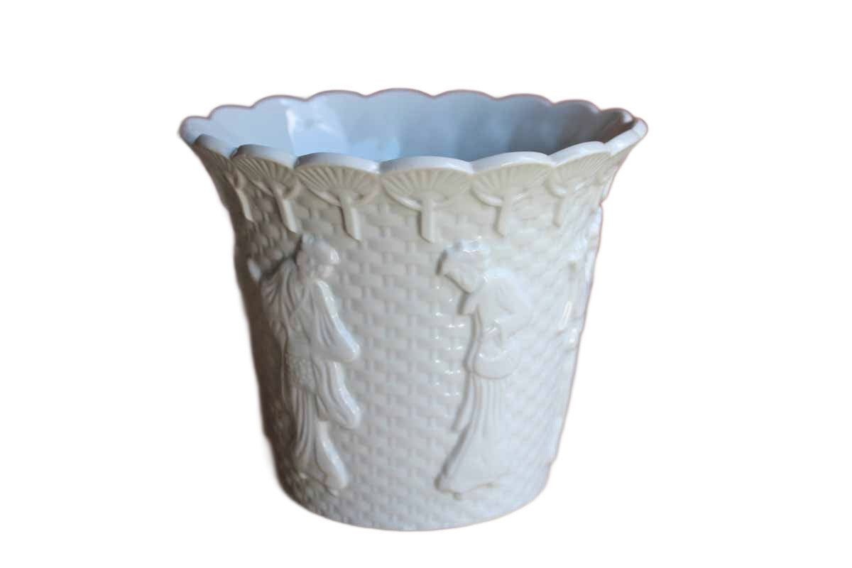 White Glazed Cachepot with Chinese Characters