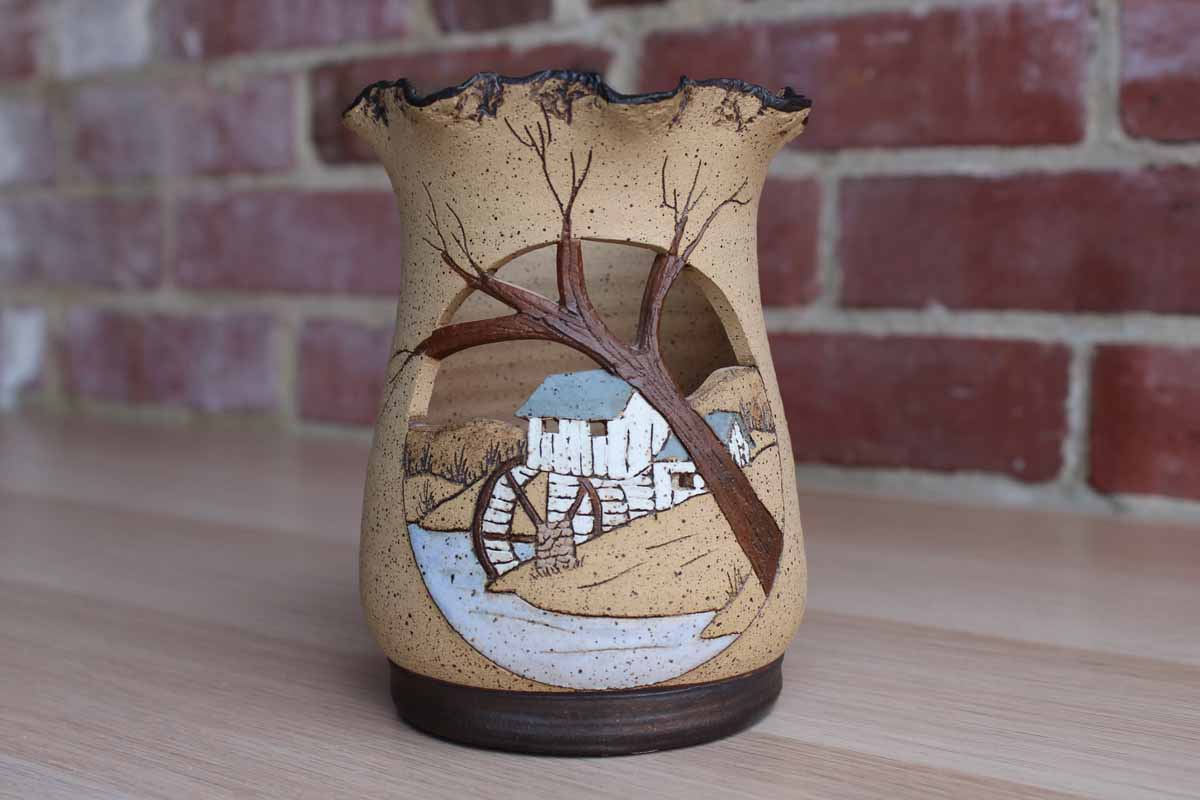 Barbara Bates (Tennessee, USA) Sgraffito Stoneware Candle Holder Decorated with A Country Mill Scene