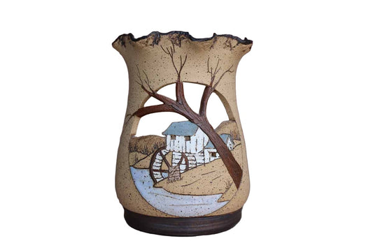Barbara Bates (Tennessee, USA) Sgraffito Stoneware Candle Holder Decorated with A Country Mill Scene