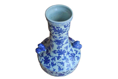 Tall Blue and White Vase with Long Neck, Rolled Lip and Decorative Lug Handles