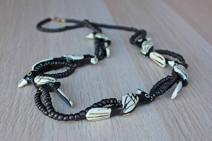 Hand Painted Carved Wood Black and White Bird Necklace with Wood Beads and Barrel Clasp