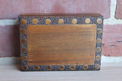 Wood Lidded Box with Inlaid Brass Designs Made in Poland