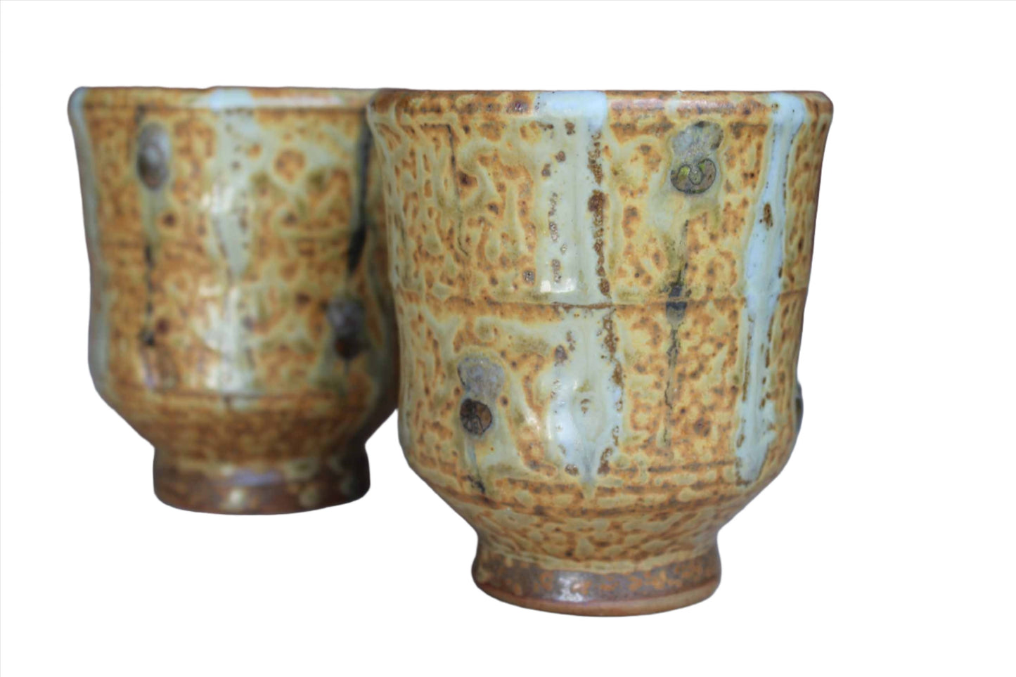 Handmade Stoneware Cups or Little Vases with Textured Green and Ochre Glazes