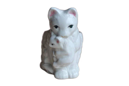 Glossy White Porcelain Planter of a Mother Cat Holding Kitten with Her Mouth