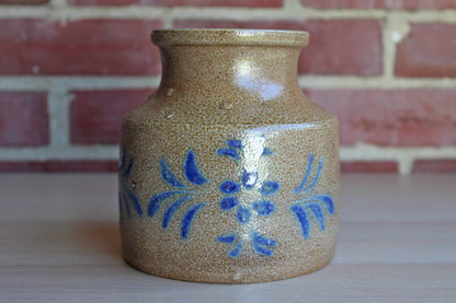 Salt Glazed Container with Cobalt Blue Stenciled Flower Design
