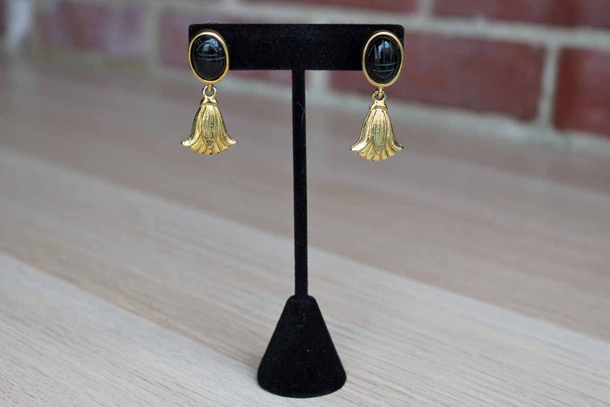 Gold Tone Pierced Drop Earrings with Black Scarab Stones and Dangling Flowers
