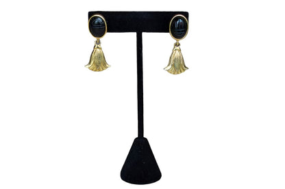 Gold Tone Pierced Drop Earrings with Black Scarab Stones and Dangling Flowers