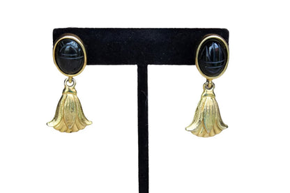Gold Tone Pierced Drop Earrings with Black Scarab Stones and Dangling Flowers