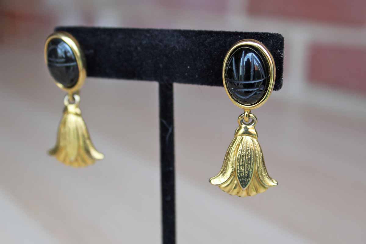 Gold Tone Pierced Drop Earrings with Black Scarab Stones and Dangling Flowers