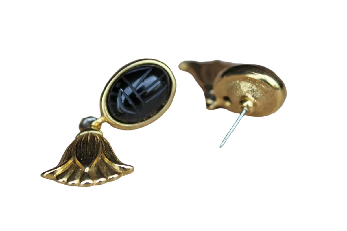 Gold Tone Pierced Drop Earrings with Black Scarab Stones and Dangling Flowers