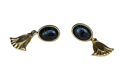 Gold Tone Pierced Drop Earrings with Black Scarab Stones and Dangling Flowers