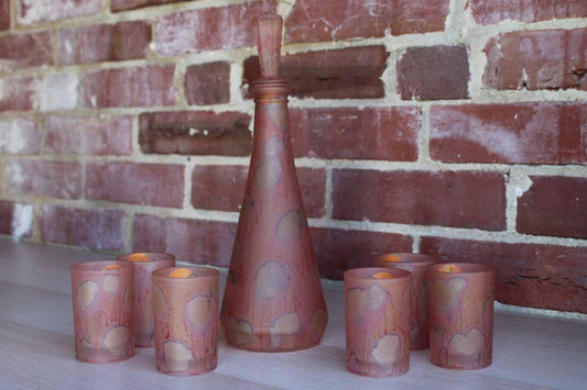 Al-Rama (Israel) Hand-Painted Studio Art Glass Satin Pink Decanter with Six Glasses
