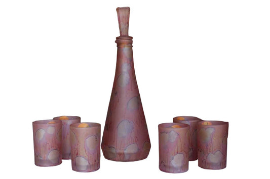 Al-Rama (Israel) Hand-Painted Studio Art Glass Satin Pink Decanter with Six Glasses