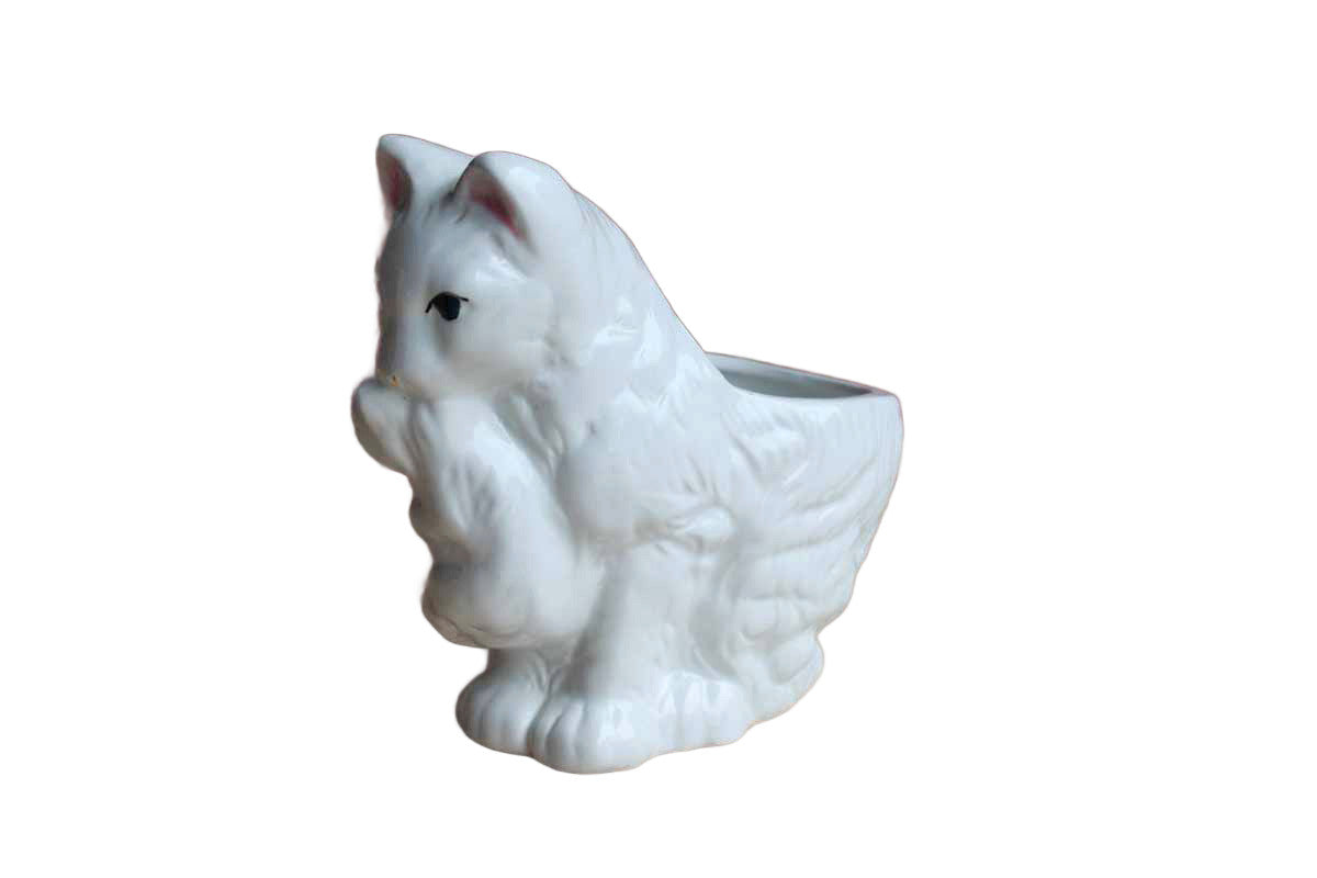 Glossy White Porcelain Planter of a Mother Cat Holding Kitten with Her Mouth