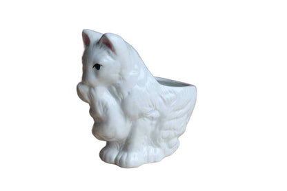 Glossy White Porcelain Planter of a Mother Cat Holding Kitten with Her Mouth
