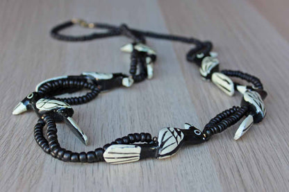 Hand Painted Carved Wood Black and White Bird Necklace with Wood Beads and Barrel Clasp