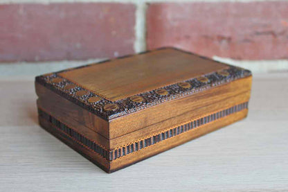 Wood Lidded Box with Inlaid Brass Designs Made in Poland