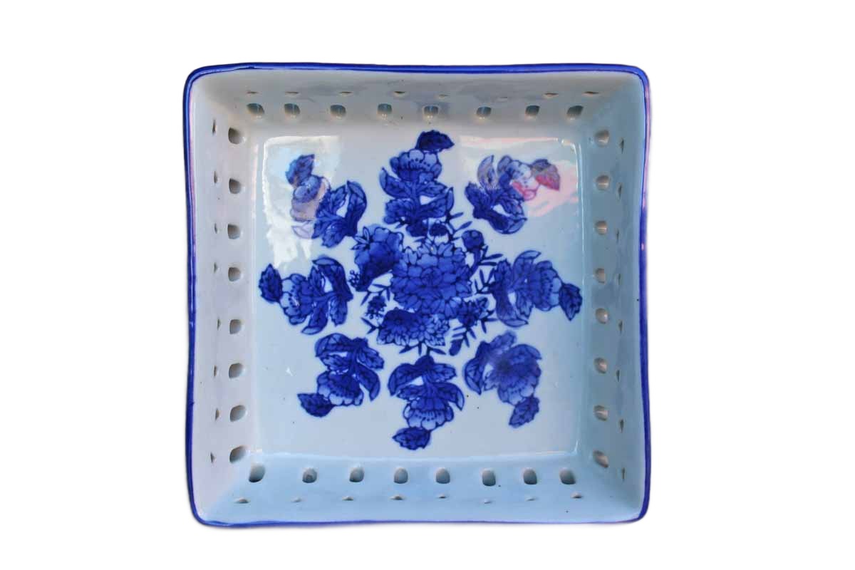 Ceramic Blue and White Square Dish with Flowers and Decorative Cut Out Design