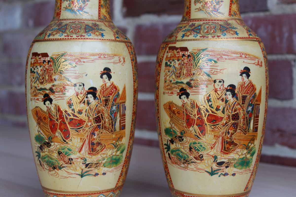 Red and Gold Decorated Vases with Geisha Scenes, A Pair