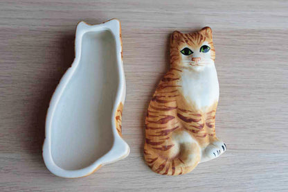 Carol Halmy Porcelain Tabby Cat Shaped Trinket Box