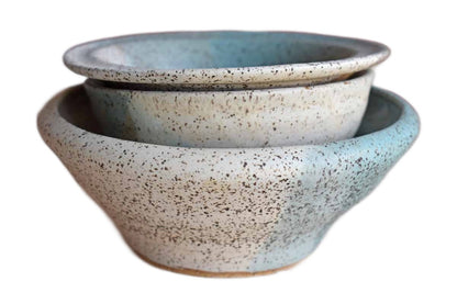 Set of Three Speckled Green and Tan Stoneware Bowls in Different Shapes and Shapes