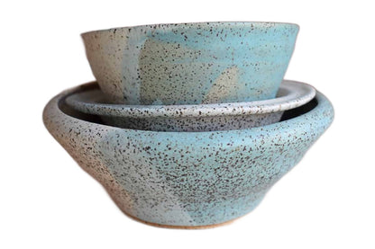Set of Three Speckled Green and Tan Stoneware Bowls in Different Shapes and Shapes
