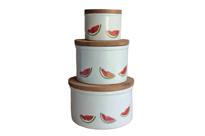 Robinson Ransbottom (Ohio, USA) Stoneware Storage Crocks with Primitive Watermelon Design and Wood Lids, Set of 3 Sizes