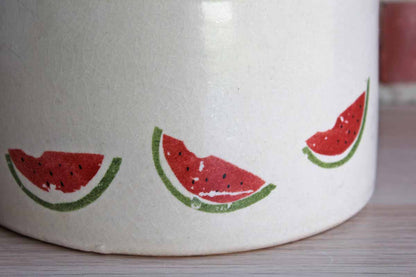 Robinson Ransbottom (Ohio, USA) Stoneware Storage Crocks with Primitive Watermelon Design and Wood Lids, Set of 3 Sizes