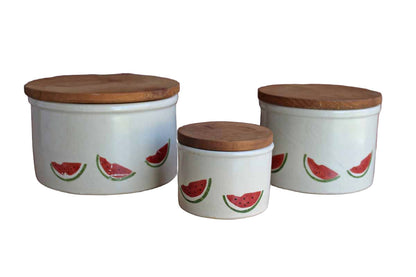 Robinson Ransbottom (Ohio, USA) Stoneware Storage Crocks with Primitive Watermelon Design and Wood Lids, Set of 3 Sizes