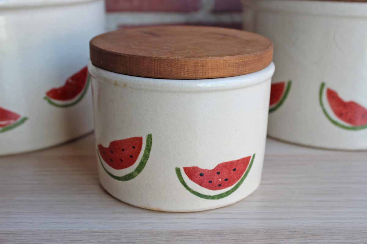 Robinson Ransbottom (Ohio, USA) Stoneware Storage Crocks with Primitive Watermelon Design and Wood Lids, Set of 3 Sizes