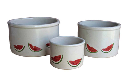 Robinson Ransbottom (Ohio, USA) Stoneware Storage Crocks with Primitive Watermelon Design and Wood Lids, Set of 3 Sizes