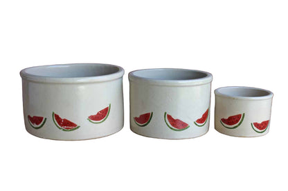 Robinson Ransbottom (Ohio, USA) Stoneware Storage Crocks with Primitive Watermelon Design and Wood Lids, Set of 3 Sizes