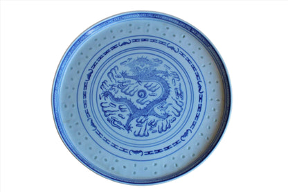 Shallow Blue and White Porcelain Dish with Dragon Decoration