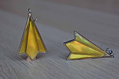 Deco Styled Pierced Drop Earrings with Iridescent Yellow Inlay