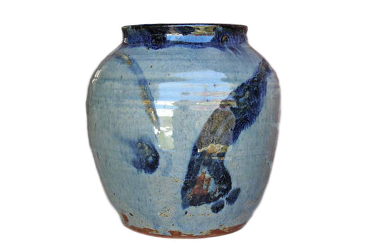 Handmade Stoneware Vase Decorated with Abstract Blue and Brown Drip Glaze