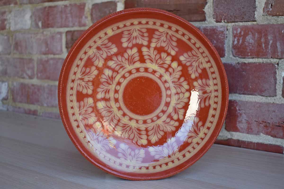 Handmade Redware Plate with Cream Glazed Flower and Dot Decorations, Made in 1978